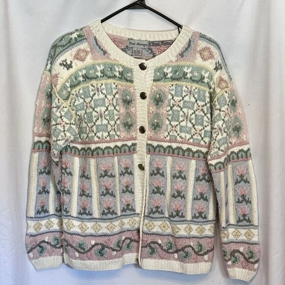 Vintage First Concepts Women’s Hand Knit Cardigan Sweater Pastel Floral Small - Picture 1 of 9